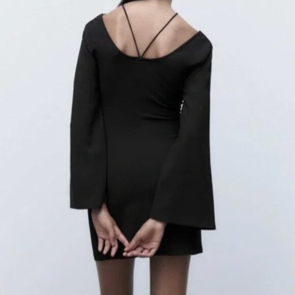 Zara Gothic Black Stone Accent Bell Sleeve Flare Mini Dress Size Small - Picture 3 of 10